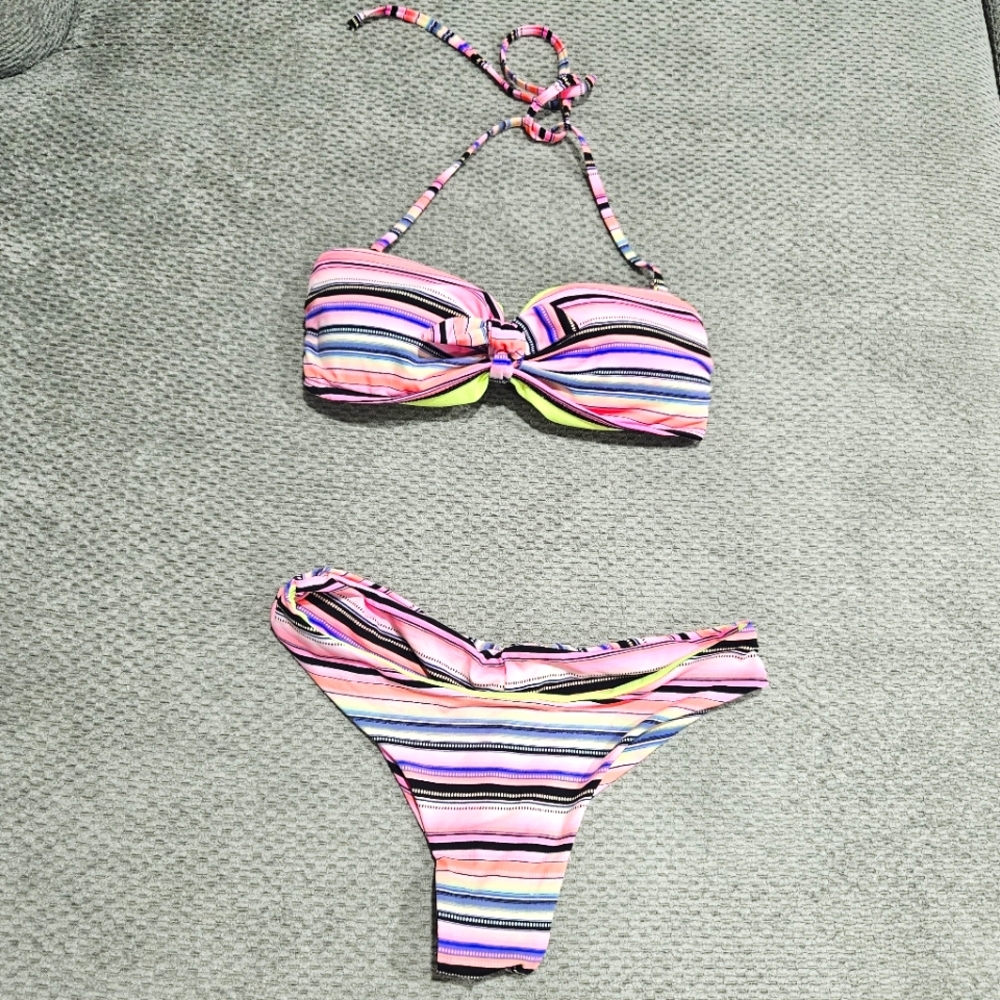 3/$15! Neon Striped Bikini, Removable Straps for Bandeau, Small